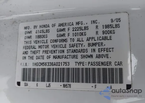 2006 Honda Accord 2.4 Se z USA, uszkodzony, nr VIN 1HGCM56336A021753